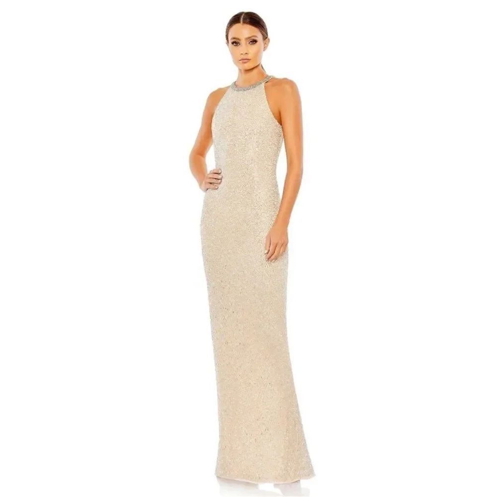 Mac Duggal 93742 Nude Cream Beaded Sleeveless High Neck Column Gown Sz 8
